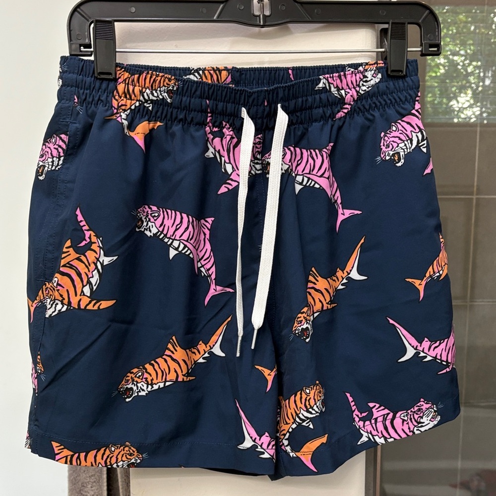 Chubbies Navy Swim Trunks with Pink and Orange Tiger Shark Print NWT